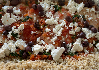 Chicken Baked in Tomato Sauce with Spinach, Feta, Olives, and Brown Rice