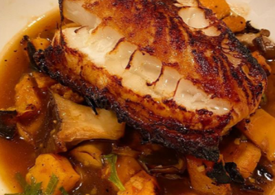 Sea Bass with Roasted Mushrooms and Sweet Potatoes