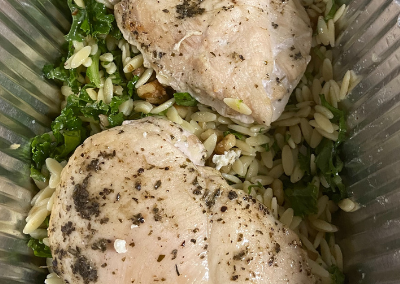 A popular dish: goat cheese stuff chicken with walnut kale orzo pasta!