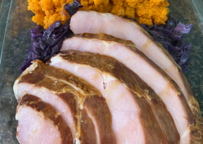 Sweet Potatoes, braised cabbage, Mab's mustard maple-glazed ham